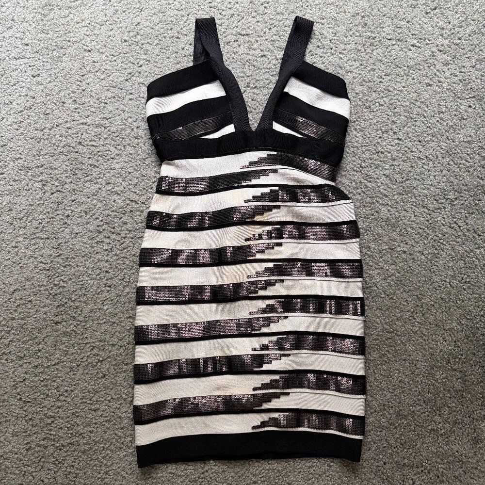 Authentic Herve Leger Black & White Sequin Striped Bandage Dress
